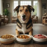 כלב מעורב שמח שוכב בסלון מול שלוש קערות המציגות סוגי מזון שונים לכלבים: אוכל יבש (כופתיות), מזון רטוב (תבשיל) ותזונה טבעית (בשר נא)