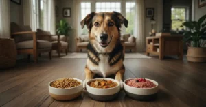 כלב מעורב שמח שוכב בסלון מול שלוש קערות המציגות סוגי מזון שונים לכלבים: אוכל יבש (כופתיות), מזון רטוב (תבשיל) ותזונה טבעית (בשר נא)