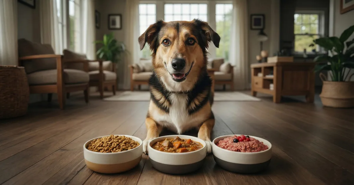 כלב מעורב שמח שוכב בסלון מול שלוש קערות המציגות סוגי מזון שונים לכלבים: אוכל יבש (כופתיות), מזון רטוב (תבשיל) ותזונה טבעית (בשר נא)