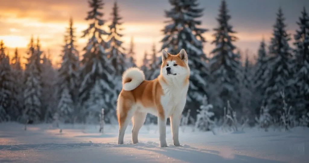 כלב אקיטה (Akita) גזעי ומרשים עומד בנוף מושלג ופראי בשעת שקיעה