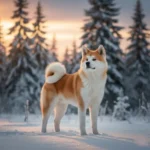 כלב אקיטה (Akita) גזעי ומרשים עומד בנוף מושלג ופראי בשעת שקיעה