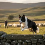 כלב בורדר קולי (Border Collie) אנרגטי קופץ מעל גדר אבן בשדה מרעה פתוח עם כבשים ורועה ברקע
