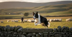 כלב בורדר קולי (Border Collie) אנרגטי קופץ מעל גדר אבן בשדה מרעה פתוח עם כבשים ורועה ברקע