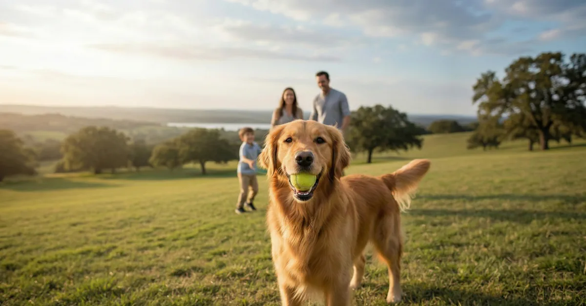 כלב גולדן רטריבר מחייך עומד במרכז מדשאה ירוקה עם כדור טניס צהוב בפיו, כשברקע משפחה מטושטשת ונוף פתוח של עצים ואגם בשעת שקיעה