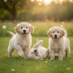שלושה גורי גולדן רטריבר (Golden Retriever) חמודים ושמחים משחקים בתוך שדה ירוק ופורח בשעת שקיעה, כאשר אחד מהם מתגלגל על הגב