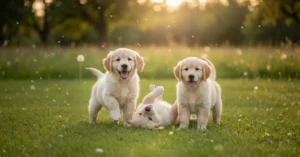 שלושה גורי גולדן רטריבר (Golden Retriever) חמודים ושמחים משחקים בתוך שדה ירוק ופורח בשעת שקיעה, כאשר אחד מהם מתגלגל על הגב