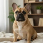 כלב בולדוג צרפתי (French Bulldog) חמוד עם פרווה חומה יושב ברוגע על המיטה בחדר נעים