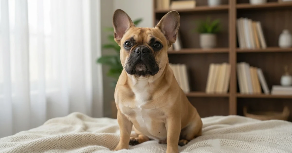 כלב בולדוג צרפתי (French Bulldog) חמוד עם פרווה חומה יושב ברוגע על המיטה בחדר נעים