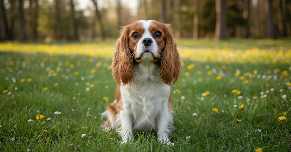 כלב קבליר קינג צ'ארלס ספנייל (Cavalier King Charles Spaniel) מתוק עם אוזניים ארוכות ופרווה רכה יושב באלגנטיות על דשא ירוק ופורח
